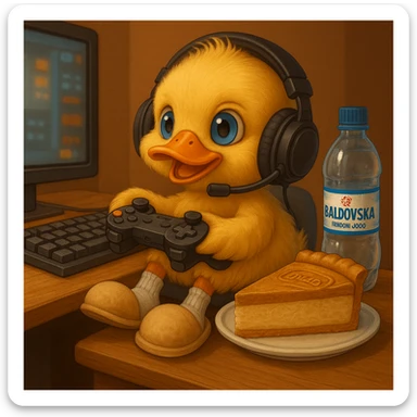 Make the slippers beige, change the cheesecake to lotus flavor, and add a gaming headset to the duck, keeping the style and all other details the same as the original image. sticker