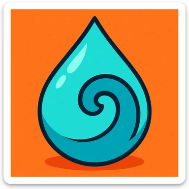 cyan water drop with an abstract cut out swirl, vibrant toon style sticker