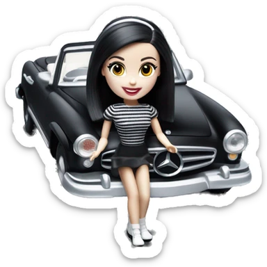 Beach Beauty Barbie, 1965 Wednesday Addams from academy, in dark-gray and black striped outfit with hat. Smiling Driving Mercedes convertible sports car. Pale-white porcelain skin.  sticker