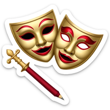 Create a bold and dramatic emoji representing the art of playwriting. The design should feature an open script or a theater playbook, with stylized text inside. Include elements like a theatrical comedy and tragedy masks, a stage spotlight, or a writting quill to symbolize creativity and performance. Use deep, contrasting colors like red, black, and gold to evoke the intensity and passion of drama. The overall design should feel dramatic, inspiring, and artistic. Make the background transparent. sticker