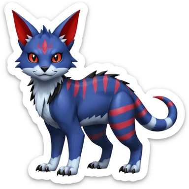 midnight blue-gray-black, with red markings, white belly, scaley scaly batty feline-like quadrupedal digitigrade furry feral Bastet-Noibat-Gatomon-Garchomp-Digimon-Fakémon-Pokémon-creature (full body) sticker