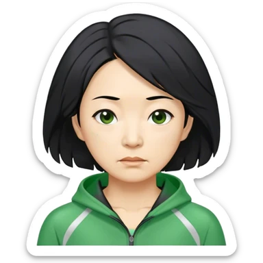 Hong is a middle-aged woman, around 40 years old, green tracksuit.  His black hair, is unkempt and damp with sweat. sticker