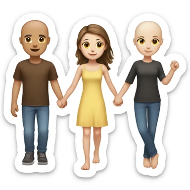 Two girls and one guy holding hands, both girls white skin, one girl brown hair, other girl no hair sticker