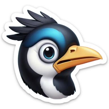 Cinematic Comical Magpie Portrait Emoji, Head tilted dramatically with an exaggeratedly shocked expression, featuring a vibrant, glossy form with wide, comically expressive eyes full of playful disbelief and a subtly animated beak, Simplified yet hilariously expressive features, highly detailed, glowing with a slightly sassy urban glow, high shine, dramatic yet playful, stylized with an air of cheeky mischief, soft glowing outline, capturing the essence of a meme-worthy magpie that looks ready to side-eye its way into viral fame! sticker