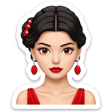 Kendall Jenner as an emoji, red carpet look, updo hairstyle, bold lipstick, sparkling earrings sticker