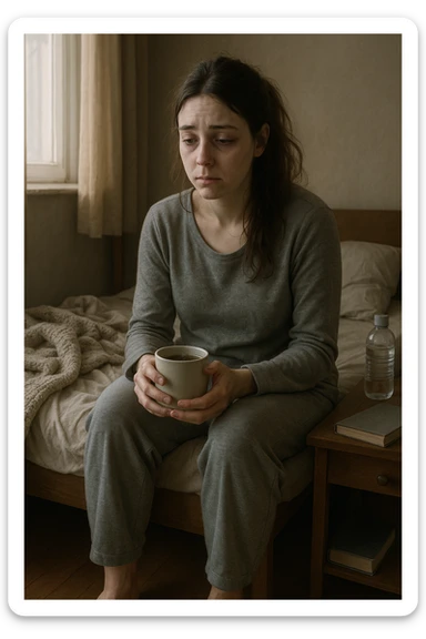 A realistic, cinematic illustration of a woman in her early 30s with a tired, pale appearance, sitting on the edge of her bed in a softly lit bedroom during the morning, looking exhausted and drained. Her posture is slightly slouched, and dark circles are visible under her eyes. She wears comfortable loungewear, holding a warm cup of herbal tea in her hands, seeking comfort. The scene includes a cozy yet slightly messy room with a blanket, a water bottle, and a book on the nightstand, emphasizing chronic fatigue. Soft natural light comes through the window, highlighting her expression of persistent tiredness despite rest, capturing the invisible struggle of chronic fatigue syndrome while maintaining dignity and a gentle aesthetic. sticker