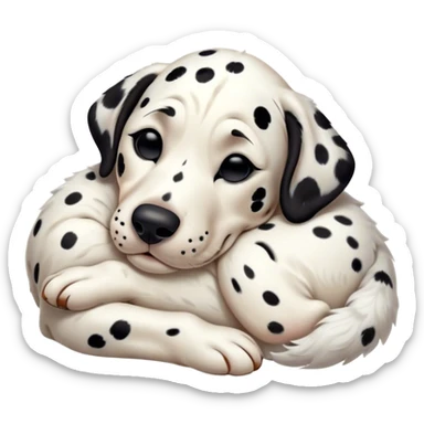 Meme-Worthy Cute Sleeping Spotted Dalmatian Portrait Emoji, Head resting peacefully with a contented smile, showcasing a delightfully majestic build and a luxuriously soft Fur of predominantly white with bold black patches, eyes shut in a serene nap, Simplified yet hilariously adorable features, highly detailed, glowing with a soft, drowsy light, high shine, relaxed and utterly lovable, stylized with an air of playful laziness, bright and heartwarming, soft glowing outline, capturing the essence of a comically sleepy guardian, so meme-worthy it feels like it could instantly become the next viral sensation of adorable slumber! sticker