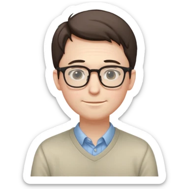 Timid adult male, pale skin, slim, soft features, glasses, slightly hunched posture, shy smile, casual nerdy clothes, small subtle blush, readable at small size, distinct from all other roles sticker