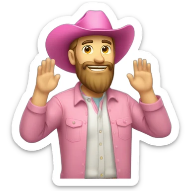 Caucasian guy with a full beard and a pink cowboy hat, greeting someone and tipping the hat sticker
