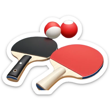 Two table tennis paddles and a ball placed on a ping pong table, with the net in the background. The scene conveys the simplicity and focus of the sport, with vibrant colors highlighting the rackets and ball on the smooth surface of the table. sticker