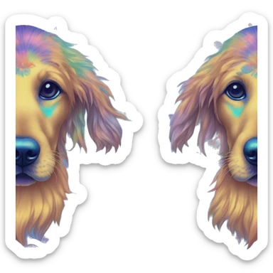 Multicolored rainbow retro groovy tie dye hippie trippy floral patterns on a metallic holographic iridescent blue dog face head unicorn sticker
