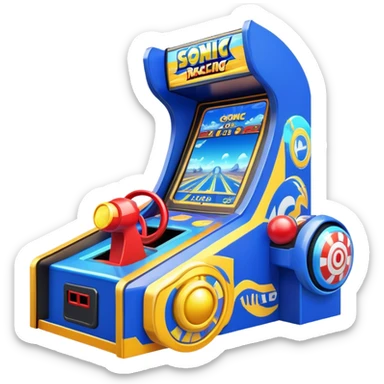 An icon representing an arcade game interface, inspired by Sonic. The design features colorful platforms, loops, and rings, with Sonic racing through a vibrant landscape. The iconic HUD elements, like score and timer, are visible. A transparent background. sticker