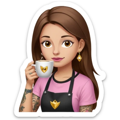 Fille cheveux long châtain, peau beige type européen yeux marron, teeshirt rose avec un tablier noir, piercing au nez anneau doré, boucle d’oreille diamant doré. Elle boit un café Tatouage à la gorge sticker