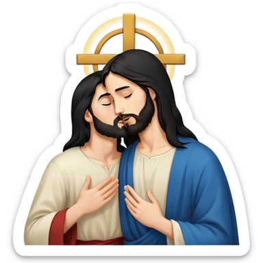 a man with long black hair without moustache and beard kisses jesus christ sticker