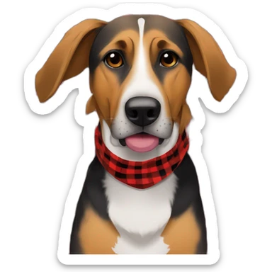 adult 75% Coonhound 25% German Shepherd mix dog wearing small pointed red buffalo plaid bandana sticker