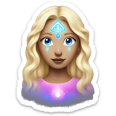 magical diva with thin pink andromedan face long blonde hair and blue eyes glowing third eye sticker