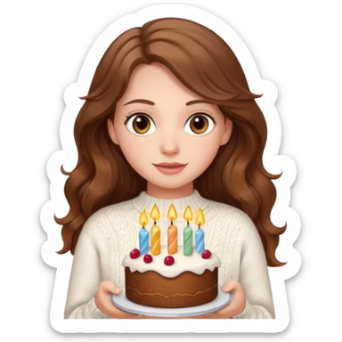 A pretty white girl with hazel brown eyes and long brown wavy hair in a cosy white knit sweater, she is celebrating her birthday sticker