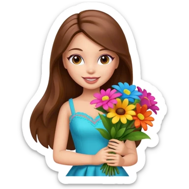  pretty bratz doll, long brown hair holding big bouquet of flowers posing sticker