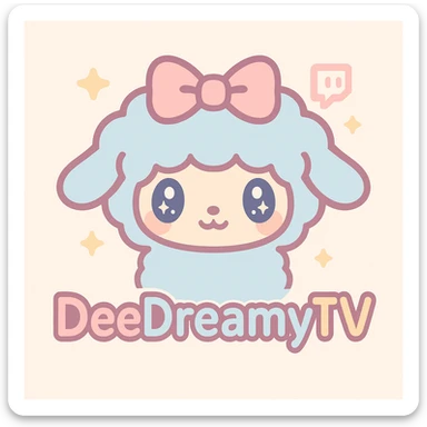 Twitch channel logo featuring DeeDreamy, the cute blue and pink Sanrio lamb, pastel color palette, kawaii style, big sparkling eyes, fluffy wool, bow, with the text 'DeeDreamyTV' in playful rounded font, Twitch branding elements included sticker