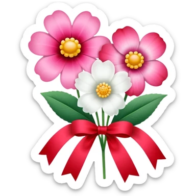One pink flower and one white flower in transparent bouquet with red band  sticker