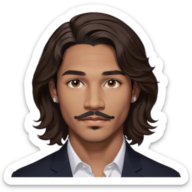 Young man with medium brown skin, mixed-race ethnicity, long wavy dark brown hair with an extremely precise center part exactly aligned with the middle of the face, hair parted perfectly symmetrically on both sides, mustache separated from goatee, medium brown eyes, small diamond stud earrings, floating head only with absolutely no shoulders or neck visible sticker