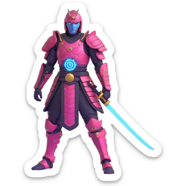 cyborg male samurai in neon cyberpunk environment with holographic armor sticker