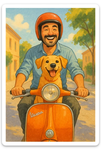 man and his pet dog riding a vespa sticker
