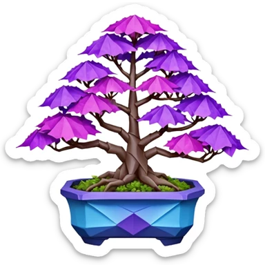 Futuristic alien maples Bonsai hair-fine-leaf group crimson crystal azalea purple and cream blue forest planting in shallow origami style pot  sticker
