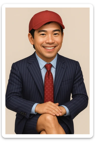 Create an 80% realistic emoji of a smiling man in a pinstripe suit and red cap, sitting with legs crossed. The style should be semi-realistic, blending emoji and photorealism, inspired by the reference photo. sticker