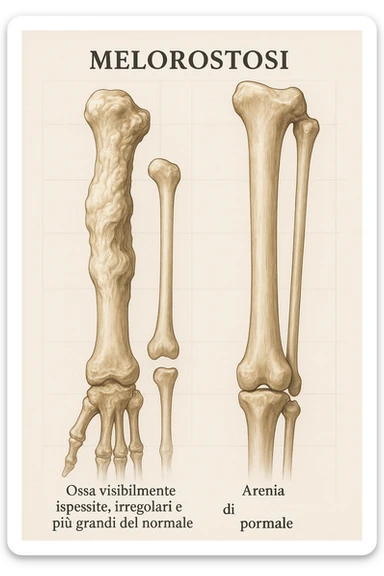 A highly realistic medical illustration focusing on a human arm and leg bones affected by melorheostosis. The bones appear visibly thickened, irregular, and larger than normal, with clear, layered bone growth resembling melted wax dripping down the side of the bones. The image shows a side-by-side comparison with a healthy bone for clarity, highlighting the difference in size and texture. The color palette includes neutral bone colors with subtle shading to show the abnormal contours and ridges. The background is clean and minimalistic, with faint anatomical grid lines for a scientific, educational feel. The overall mood is informative and precise, conveying the key visual characteristic of melorheostosis: progressive bone thickening that makes bones visibly larger and irregular. in italiano sticker