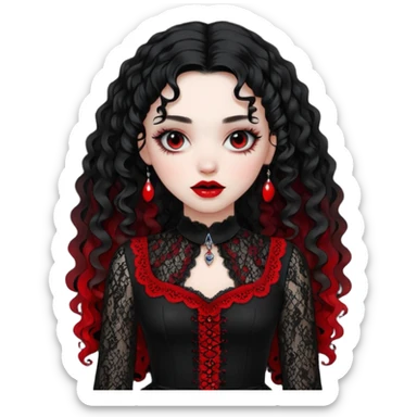 A girl with a red goth vampire look in a black and red goth lace dress with long sleeves and long black curly hair bold look on her face sticker