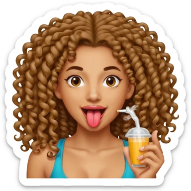 a mixed girl with long curly hair sticking her tongue out with spit sticker