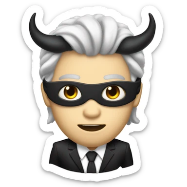 It's a male. It has white skin. It has black demon horns. It has black hair and long hair. It has a blindfold on eyes. It has sharp teeth. It is dressed in a black suit with a black tie. It is Devil. sticker