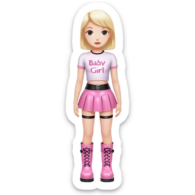 Mini latex skirt and boots and short top with pink inscription “Baby girl” sticker