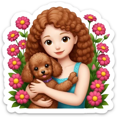 A beautiful girl happily hugs a brown toy  poodle in the flowers sticker