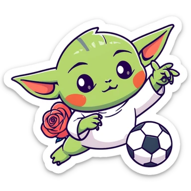 baby yoda kicking a soccer ball with small roses beside him sticker