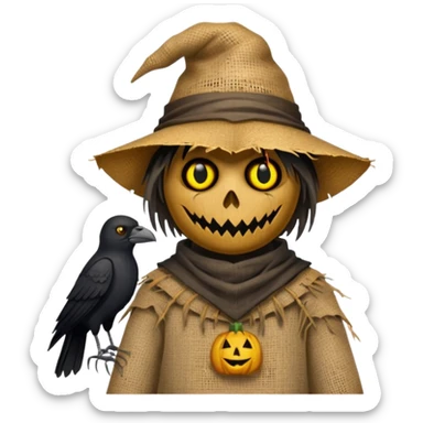 Scarecrow, Torn clothes, stitched mouth, glowing eyes, crow perched on shoulder. sticker