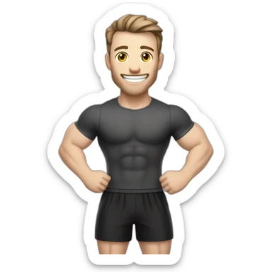 Joyful Celebrating victory Pale skinned Fit Man With the biceps and dark brown hair in black shirt, gray sports shorts and white Sneakers sticker