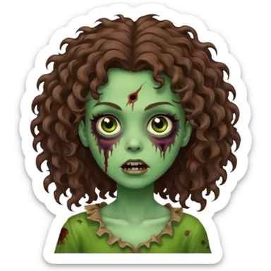 Faça uma garota zombie de cabelo cacheado castanho, olhos castanhos escuro e pele verde d zombie, com o cabelo grande sticker