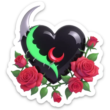 gothic heart made of jet black glass, silver crescent moon, blood red roses, holographic stardust, neon green lightning, wet and cracked glass sticker