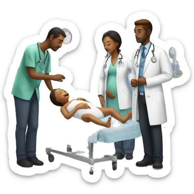 a woman gives birth and doctors stand nearby sticker