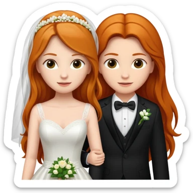 two girls getting married. one ginger with long hair in a BLACK SUIT. one DARK Haired brunette in a WEDDING dress sticker