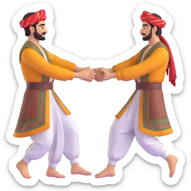 cartoon sticker of a group of Kurdish men in traditional clothing dancing Kurdish dance holding hands, colorful and joyful, no text, suitable for WhatsApp and Instagram sticker