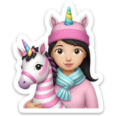 Una cebra bebé con una mamá unicornio abrigados, bufanda y gorro, estilo infantil muchos colores tonos pastel sticker