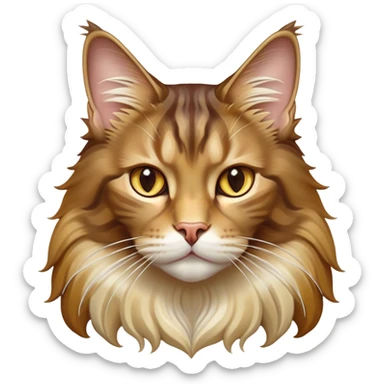 Cinematic Maine Coon Cat Portrait Emoji, Elegant and alert, sleek brown, gold, and cream tones, Simplified yet sharp features, highly detailed, glowing with a warm, confident glow, high shine, intelligent and poised, stylized with an air of grace, focused and attentive, soft glowing outline, capturing the essence of strength and grace, so lifelike it feels as though it could spring into motion with its majestic tail swishing at any moment! sticker