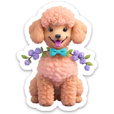 Peach-colored poodle with a narrow, short-haired face, hairstyle like Artemone. Long fluffy ears, each with a thin braid tied with a pink bow at the end. Happy face, smiling. A lilac branch in the mouth. sticker
