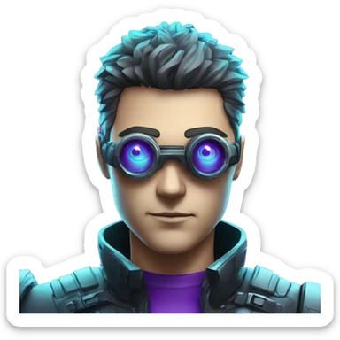 Secret human agent with  cyberpunk elements with a spyglass scanning looking reviewing multicolor lines of code, cyan and purple colors, only upper body portrait sticker