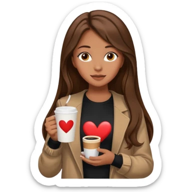 Un emoji de una chica con el pelo castaño y largo y suelto así como vestida como una that Girl y un café con dibujo de corazón y una cama aesthetic modo vida perfecta sticker
