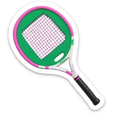 green padel racquet
with white frame
black grip
with a pink "p" in the middle
"padel in action academy" in white on top sticker