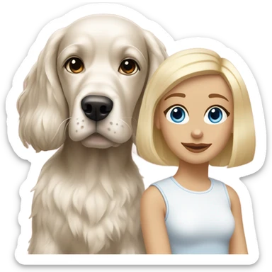 brunette girl short hair blue eyes  with blonde cocker spaniel sticker
